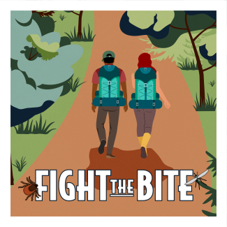 Illustration of two hikers walking through a forested path with backpacks and the words "Fight the Bite" with a tick and mosquito nearby