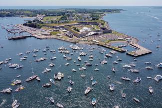 Aerial view of Fort Adams State Park with the historic fort during the Newport Folk Fest