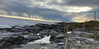 The rocky shoreline of Beavertail State Park with moody clouds in the distance