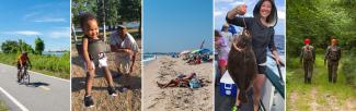 Array of outdoor recreation photos in Rhode Island including a person riding a bike on the East Bay Bike Path, a child and father at a local playground, beachgoers sunning on the sand at East Beach State Beach, an angler with a marine species, and two hunters walking in the woods