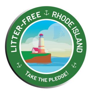 LItter-Free Rhode Island logo with a lighthouse overlooking the ocean and the words "Take the pledge!"