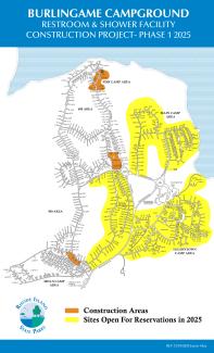 Map showing affected areas of Burlingame State Campground during Phase 1 of a bathhouse construction project planned for the 2025 and 2026 seasons