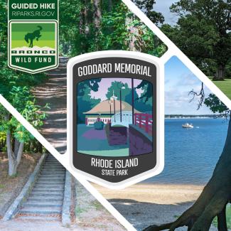 Array of photos of Goddard Memorial State Park with a crest design of the historic carousel building