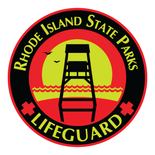 Circle logo in black, red, and yellow with a graphic of a lifeguard chair and the words "RI State Parks Lifeguard"