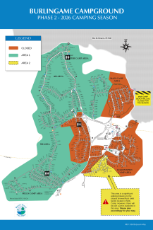 Map of campsites open and closed due to ongoing construction of bathhouses in the campground for the 2026 season