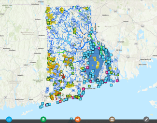 Screenshot of arcGIS map showing the State of Rhode Island with icons where outdoor recreation areas are located